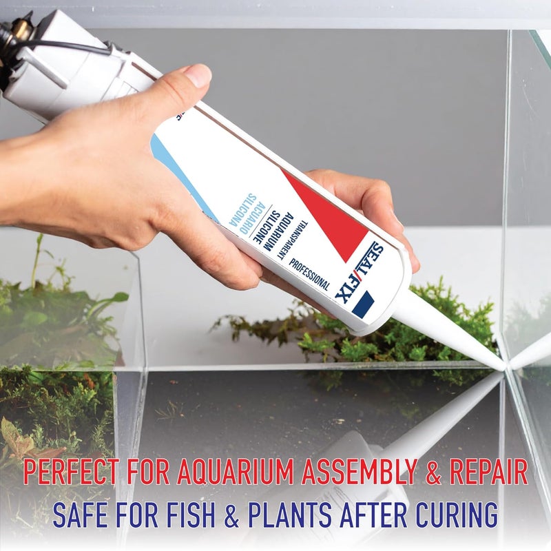 SEAL/FIX سيليكون حوض السمك Seal/Fix شفاف - سيليكون آمن للأسماك لأحواض المياه العذبة والمالحة، مقاوم للماء، غير سام، لاصق مرن للزجاج، إصلاح التسربات والزينة (2 × 10.1 أونصة سائلة، عبوتان) - Image 2